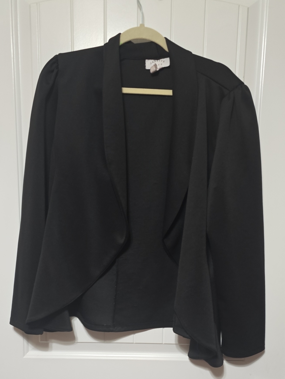 Janette Plus Black Draped Open-Front Blazer with Puff Shoulders